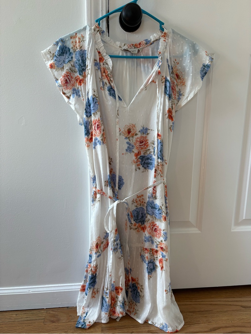 LOFT White Floral Maxi Wrap Dress with Blue & Peach Blooms